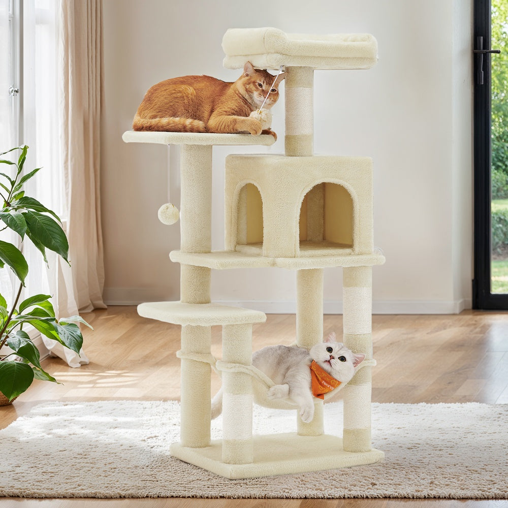 44.1-Inch Multi-Level Cat Tree with 2 Perches, Hammock & Cave, 4 Scratching Posts & Pompoms for Indoor Cats, Beige