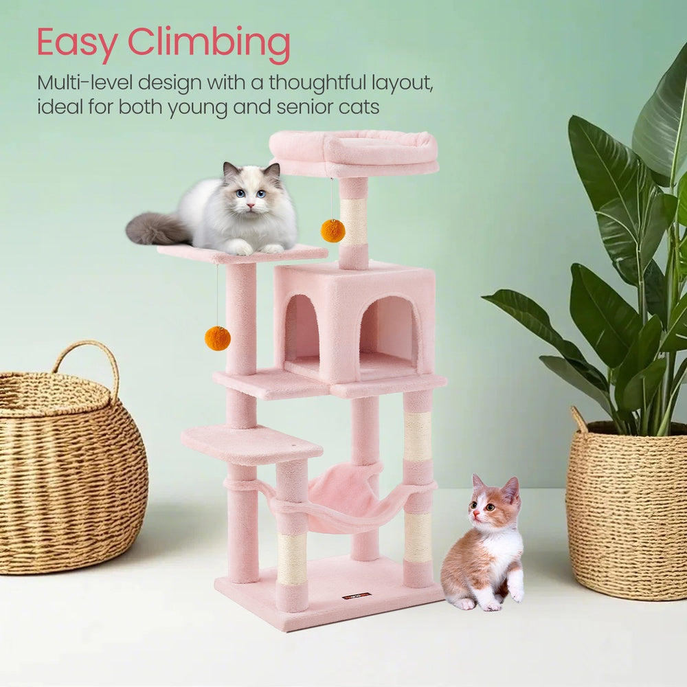 44.1-Inch Multi-Level Cat Tree with Hammock, 2 Perches & Cave, 4 Scratching Posts & Hanging Toys for Indoor Cats, Jelly Pink