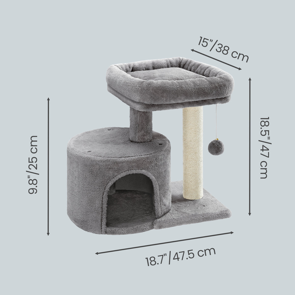 Small Cat Tree Tower with Sisal Scratching Post, Plush Condo with Padded Perch & Cave, for Kittens, Small Spaces, Light Gray