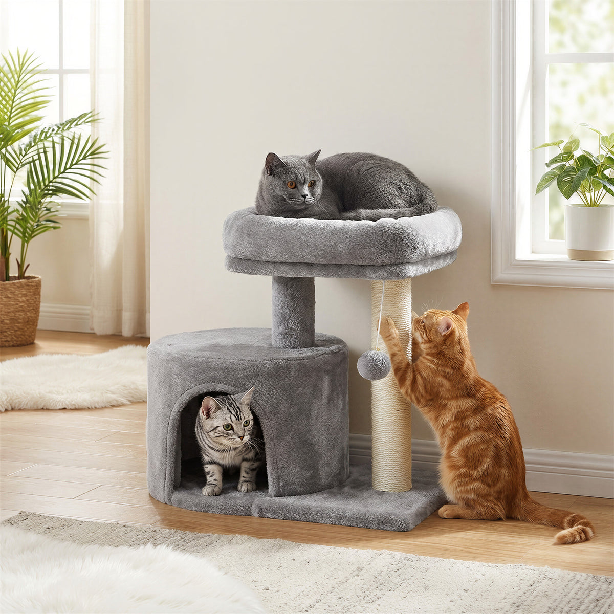 Small Cat Tree Tower with Sisal Scratching Post, Plush Condo with Padded Perch & Cave, for Kittens, Small Spaces, Light Gray