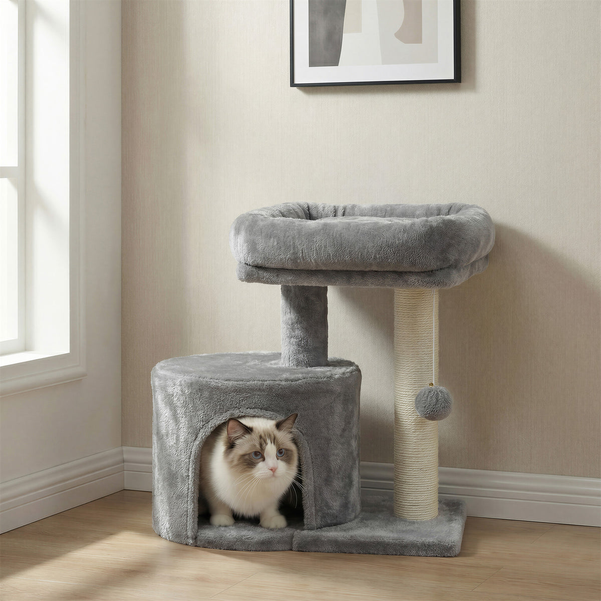 Small Cat Tree Tower with Sisal Scratching Post, Plush Condo with Padded Perch & Cave, for Kittens, Small Spaces, Light Gray