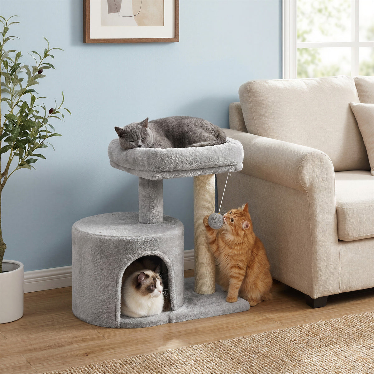 Small Cat Tree Tower with Sisal Scratching Post, Plush Condo with Padded Perch & Cave, for Kittens, Small Spaces, Light Gray