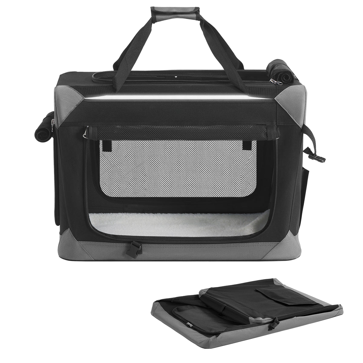 Collapsible Dog Crate, Portable Oxford Fabric Pet Travel Crate with 4 Mesh Doors, Handles, Pockets, 24 Inches for Small Dogs, Ink Black and Dove Gray