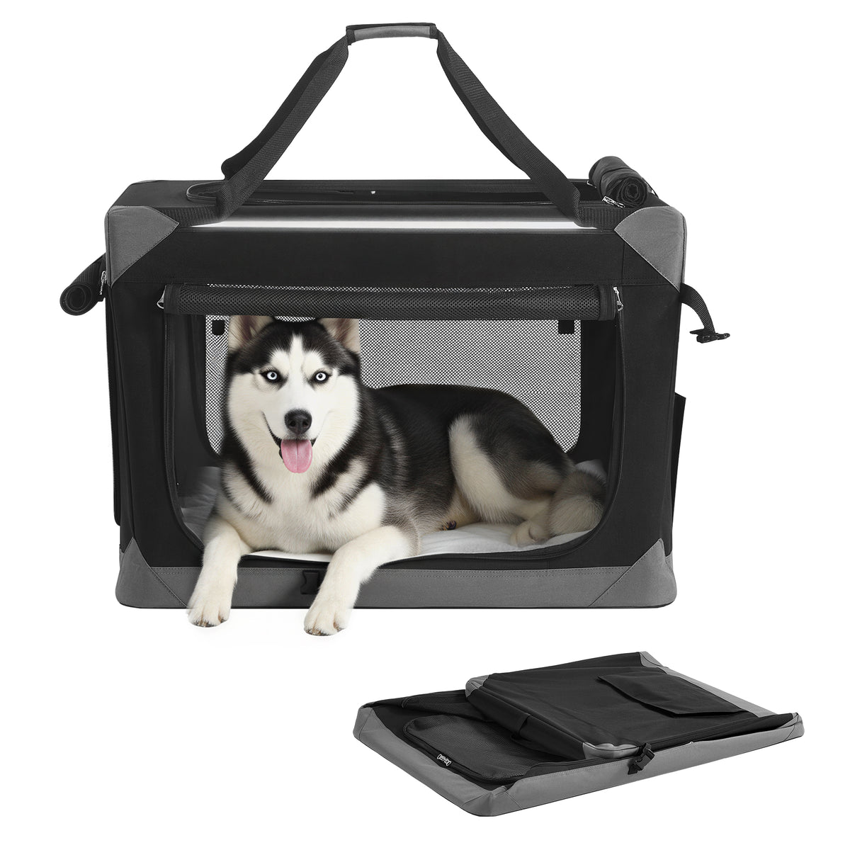 Portable Collapsible Dog Crate, 36" Soft Travel Kennel with 4 Mesh Doors, Oxford Fabric, Handles & Pockets, for Large Dogs, Ink Black and Dove Gray