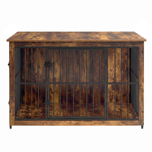 Wooden Dog Crate Furniture with Double Doors, 48" Kennel Side Table for Large Dogs, Removable Tray, Rustic Brown