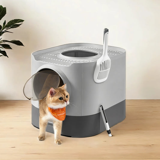XL Enclosed Cat Litter Box with Slide-Out Tray, Anti-Tracking Top Grate & Adjustable Door, Includes Scoop & Brush, Dove Gray and Slate Gray
