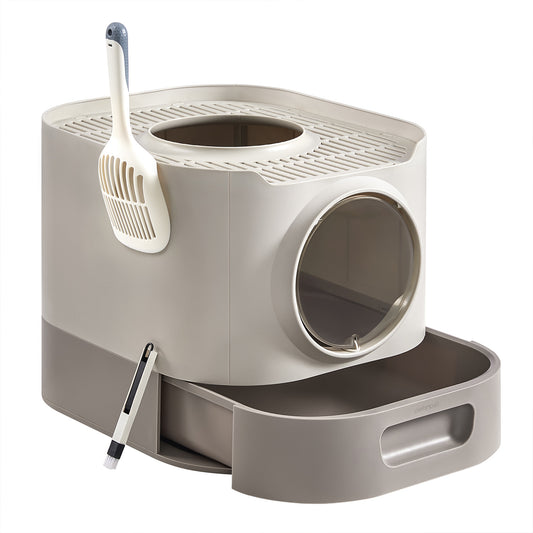 XL Enclosed Cat Litter Box with Slide-Out Tray, Anti-Tracking Top Grate & Adjustable Door, Includes Scoop & Brush, Oatmeal and Warm Gray