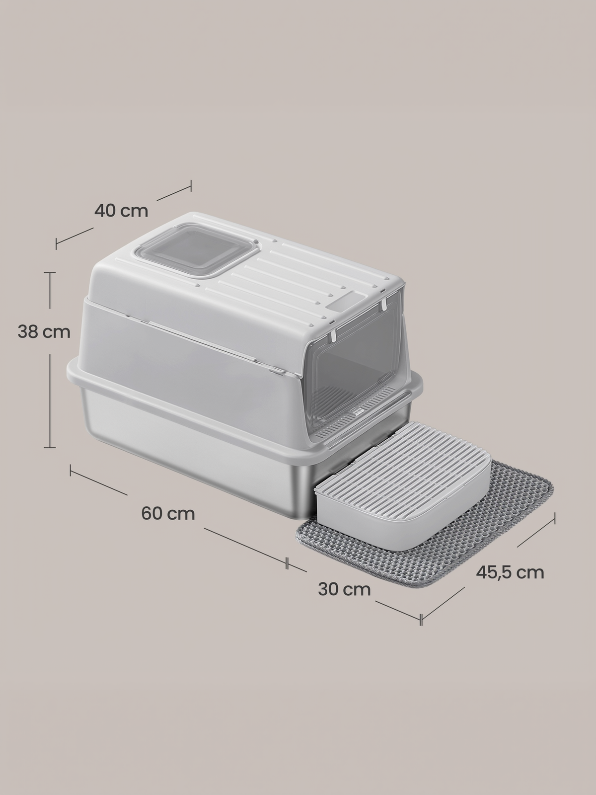 Stainless Steel Cat Litter Box with Flip Lid and Litter Catcher, 2-Door Enclosed Litter Box for Cats up to 33 lb, Light Gray
