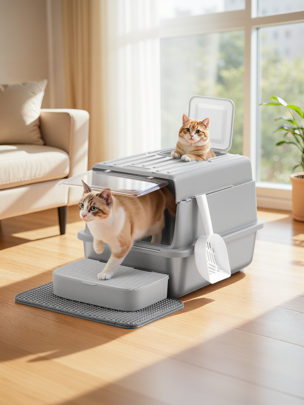 Stainless Steel Cat Litter Box with Flip Lid and Litter Catcher, 2-Door Enclosed Litter Box for Cats up to 33 lb, Light Gray