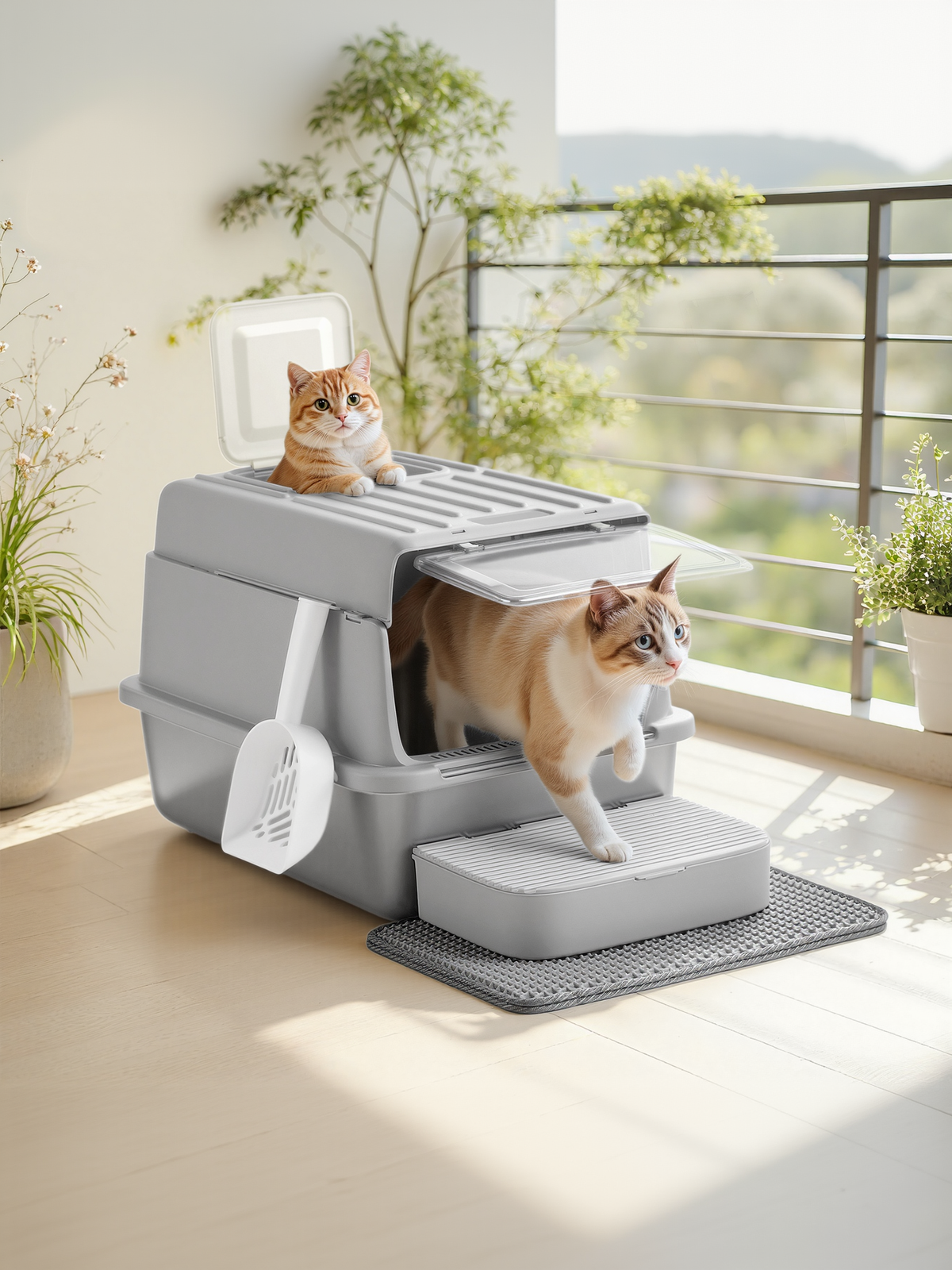 Stainless Steel Cat Litter Box with Flip Lid and Litter Catcher, 2-Door Enclosed Litter Box for Cats up to 33 lb, Light Gray