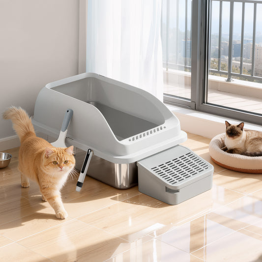 Stainless Steel Open Top Cat Litter Box with Step, High-Sided Litter Tray for Cats up to 33 lb, Dove Gray
