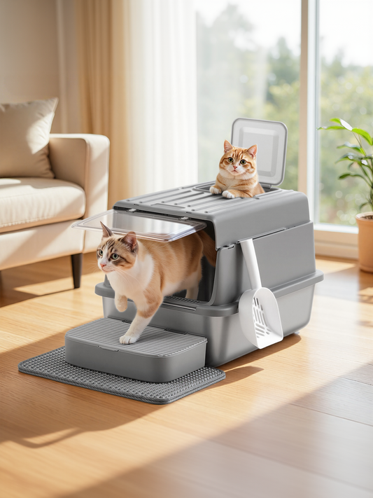 Stainless Steel Cat Litter Box with Flip Lid and Litter Catcher, 2-Door Enclosed Litter Box for Cats up to 33 lb, Dove Gray