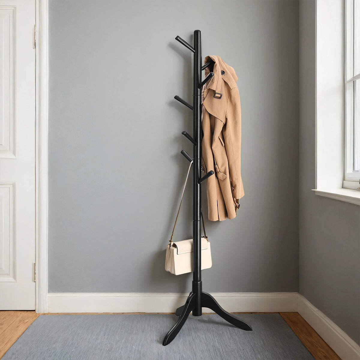 Solid Wood Tree-Shaped Coat Rack with 8 Hooks, Adjustable Height Free Standing Coat Tree for Living Room and Bedroom, Ink Black