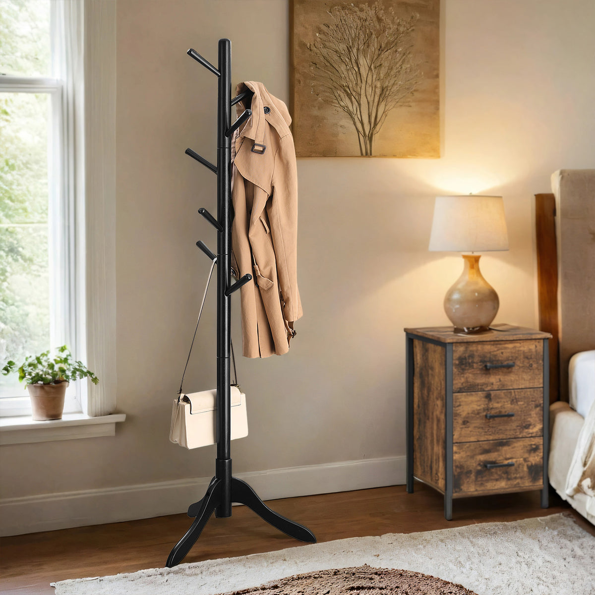Solid Wood Tree-Shaped Coat Rack with 8 Hooks, Adjustable Height Free Standing Coat Tree for Living Room and Bedroom, Ink Black