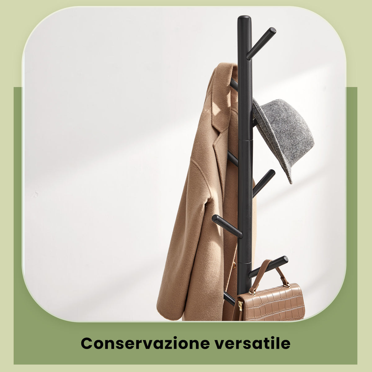Solid Wood Tree-Shaped Coat Rack with 8 Hooks, Adjustable Height Free Standing Coat Tree for Living Room and Bedroom, Ink Black