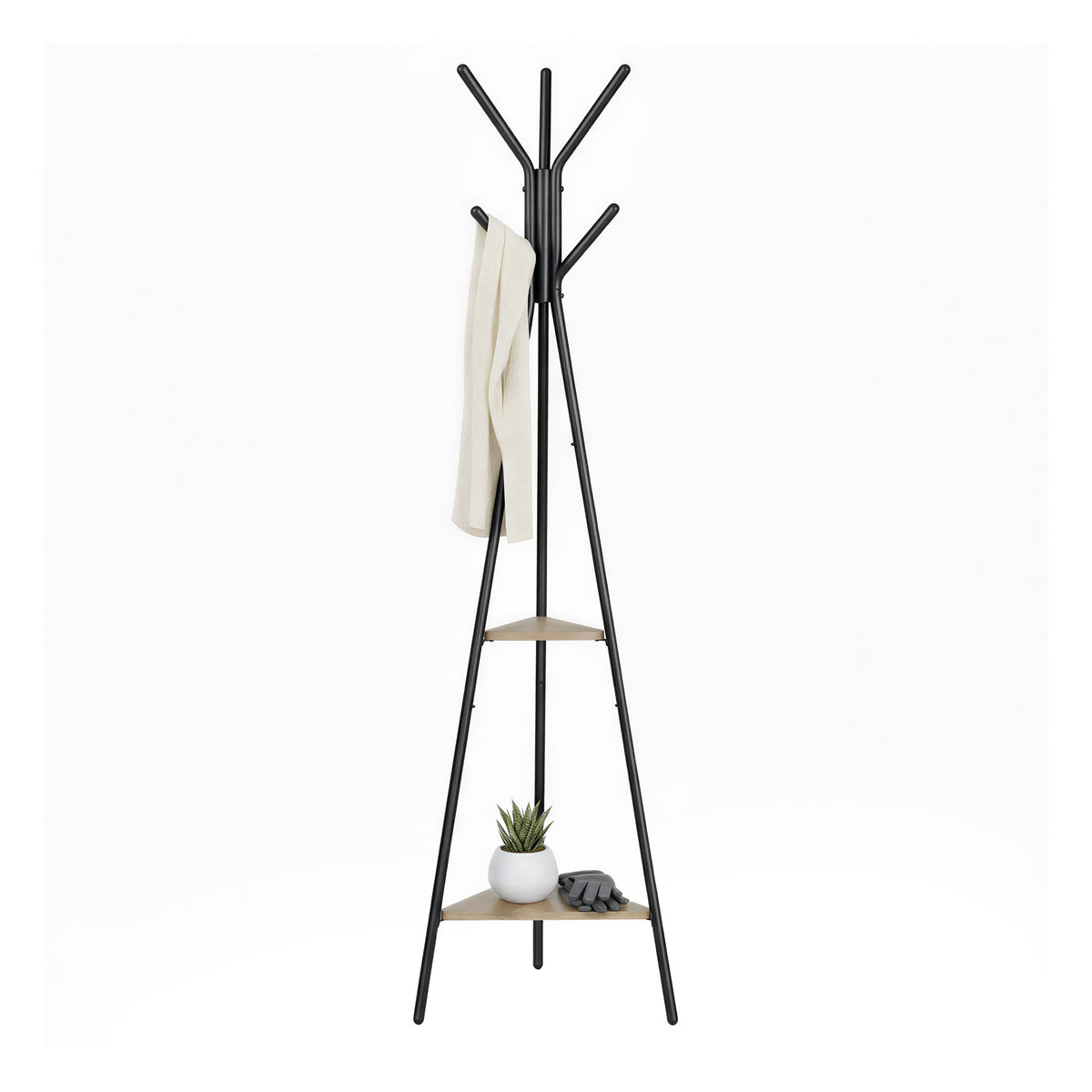 Freestanding Coat Rack with 6 Hooks and 2 Triangular Storage Shelves, Industrial Hall Tree for Clothes, Hats, Bags, Greige and Black