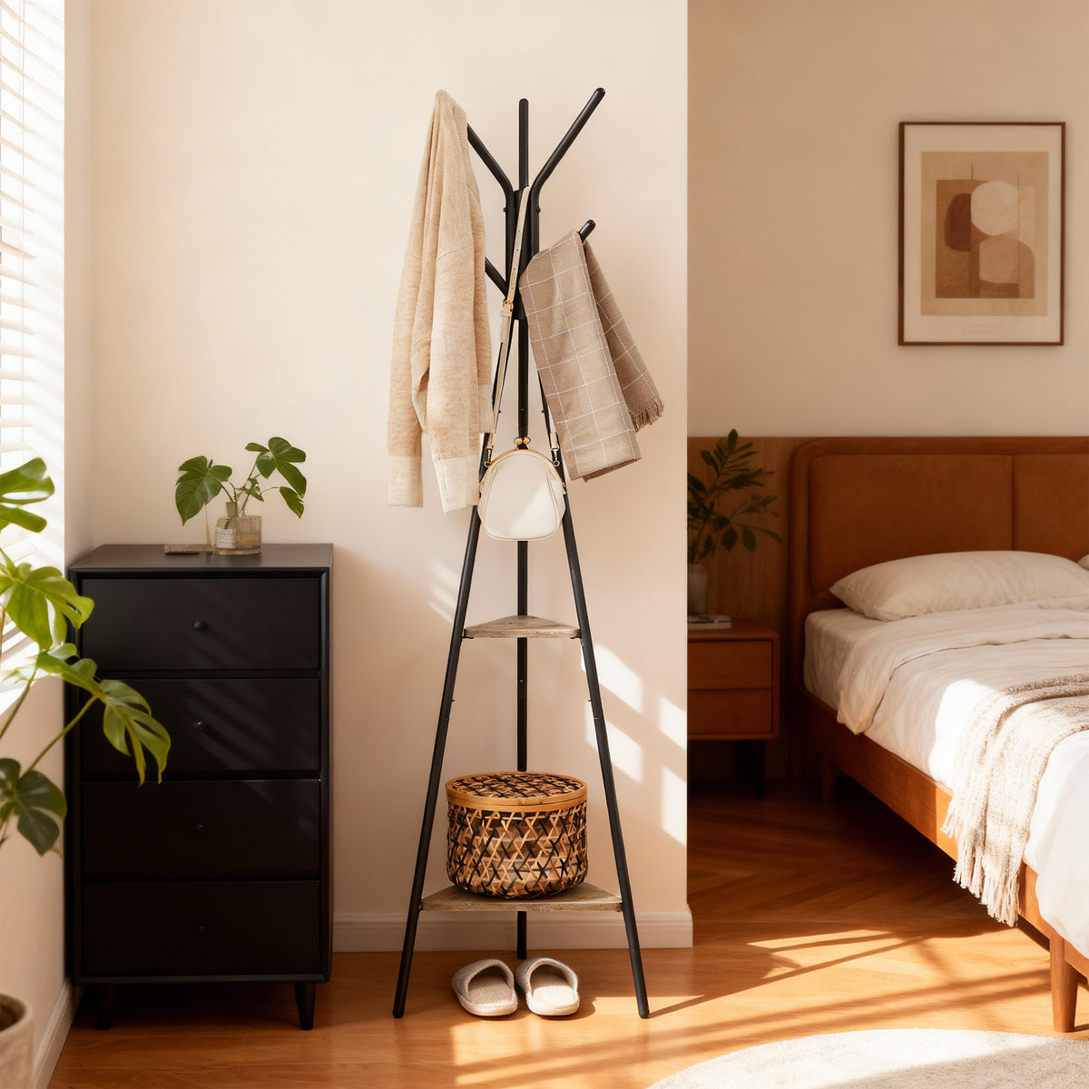 Freestanding Coat Rack with 6 Hooks and 2 Triangular Storage Shelves, Industrial Hall Tree for Clothes, Hats, Bags, Greige and Black