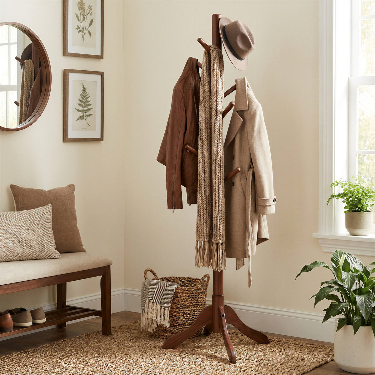 Solid Wood Tree-Shaped Coat Rack with 8 Hooks, 68.7 Inch Freestanding Stand with 3 Height Options, Caramel Brown