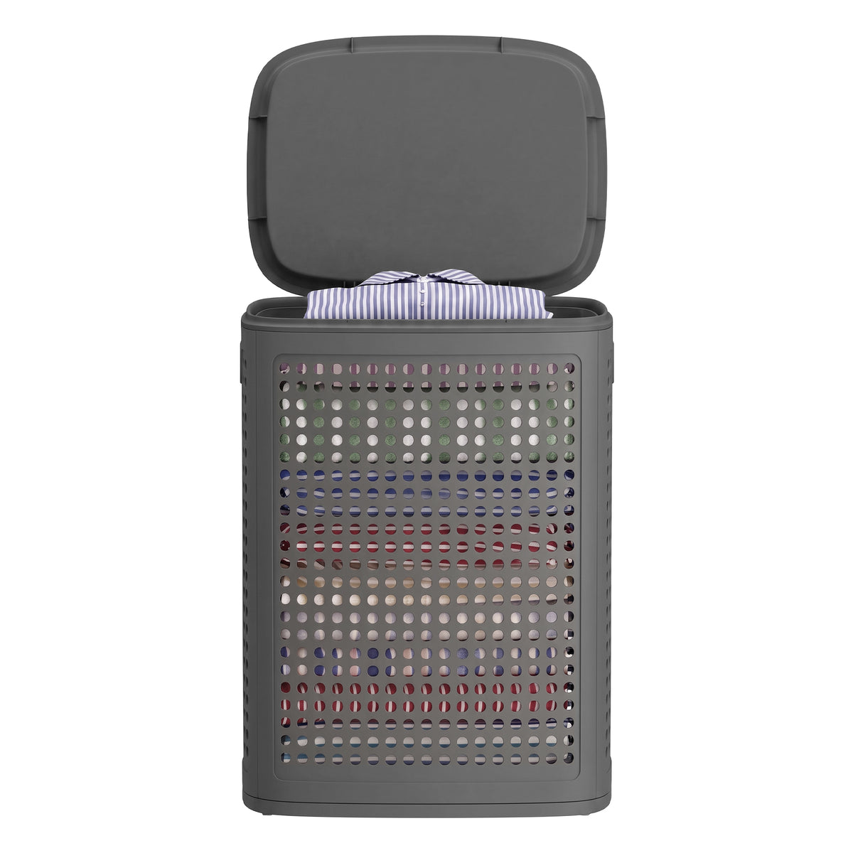 Slim Plastic Laundry Hamper with Lid, 19.8 Gal Space-Saving Storage Basket, for Bathroom Bedroom Dorm, Ventilated, Dark Gray