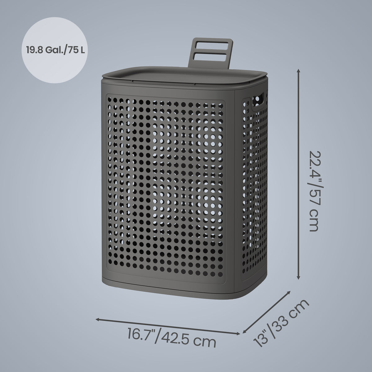 Slim Plastic Laundry Hamper with Lid, 19.8 Gal Space-Saving Storage Basket, for Bathroom Bedroom Dorm, Ventilated, Dark Gray