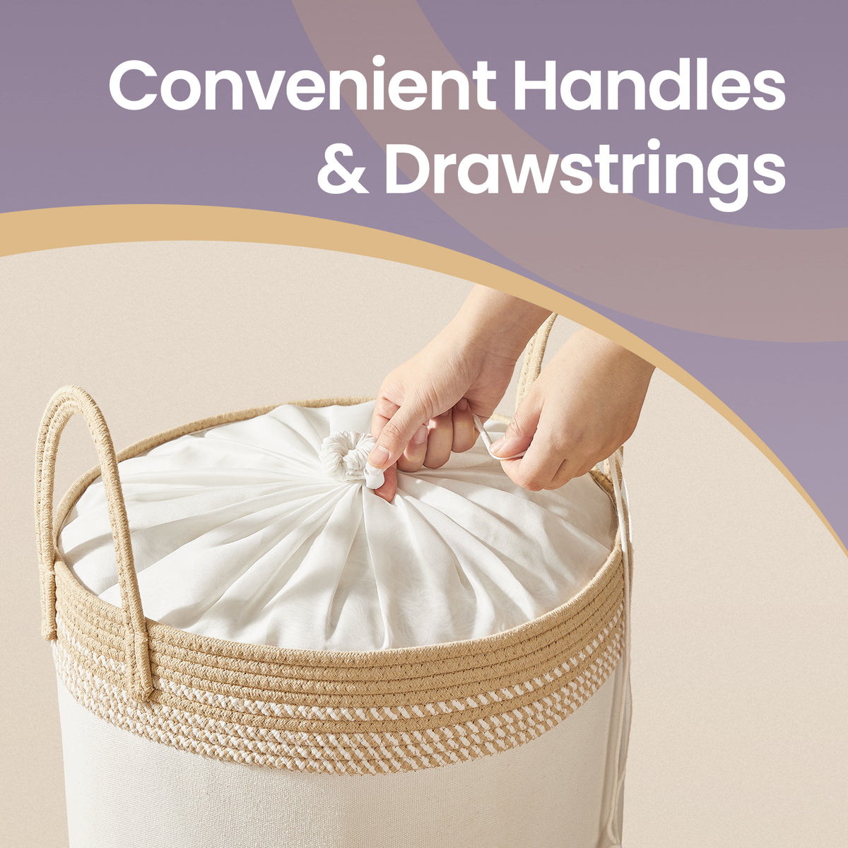 Laundry Hamper with Drawstring Lid, 60L (18.9-Gal) Sturdy Cotton-Blend Storage Basket for Clothes & Blankets, Handles, Camel Brown