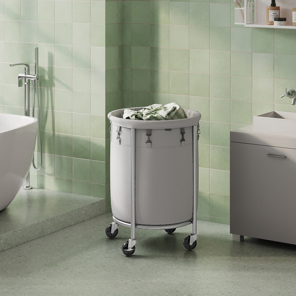 29-Gal Rolling Laundry Cart with Wheels, Steel Frame & Removable Bag, 4 Casters (2 Brakes), Heavy-Duty, Gray and Silver