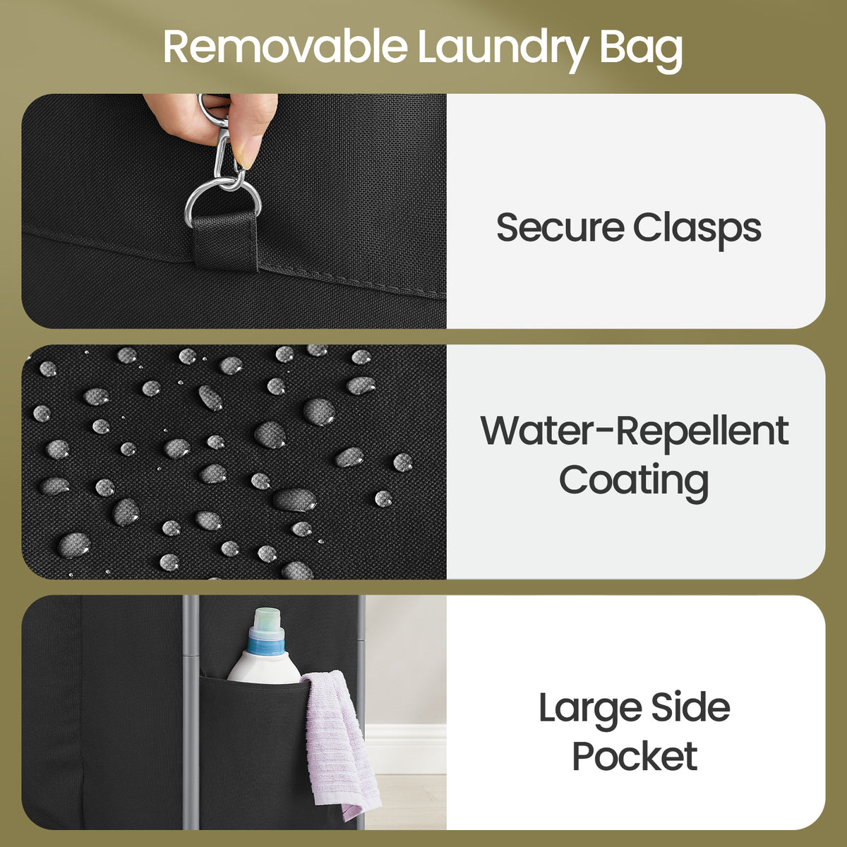 2-Section Rolling Laundry Hamper with Removable Liners, Steel Frame, Wheels & Brakes, 37-Gallon Capacity for Blankets & Clothes, Ink Black