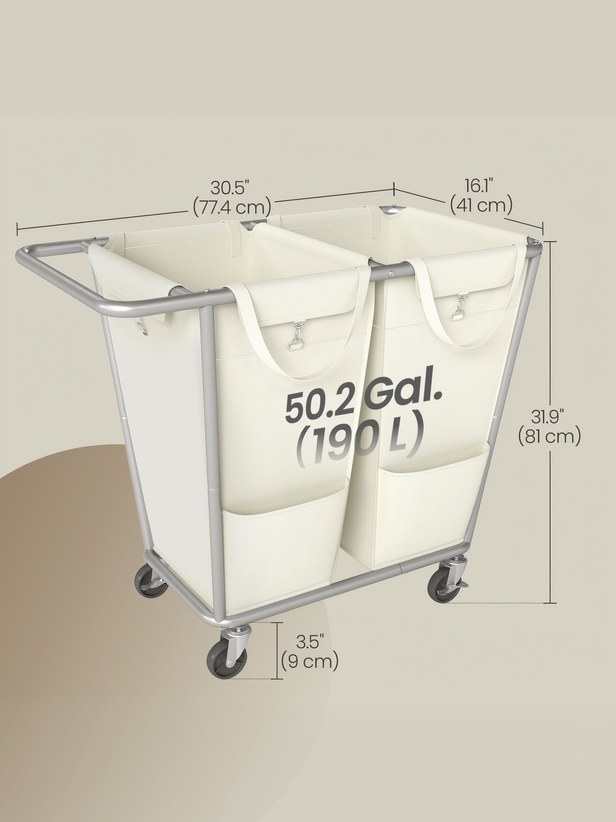 50.2 Gallon Rolling Laundry Basket with Wheels, 2-Section Laundry Sorter with Removable Bags and Heavy-Duty Frame, Cream White