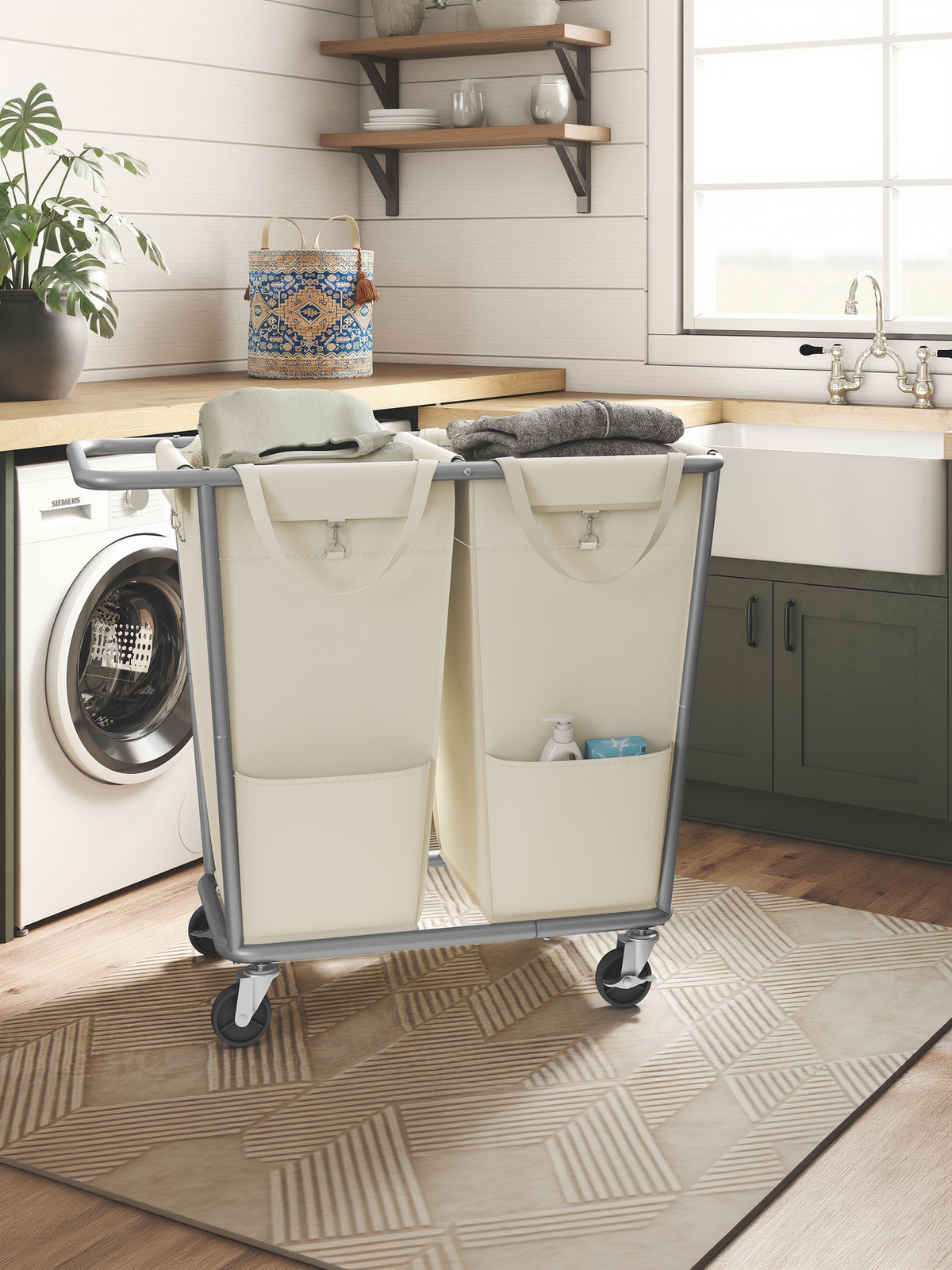 50.2 Gallon Rolling Laundry Basket with Wheels, 2-Section Laundry Sorter with Removable Bags and Heavy-Duty Frame, Cream White
