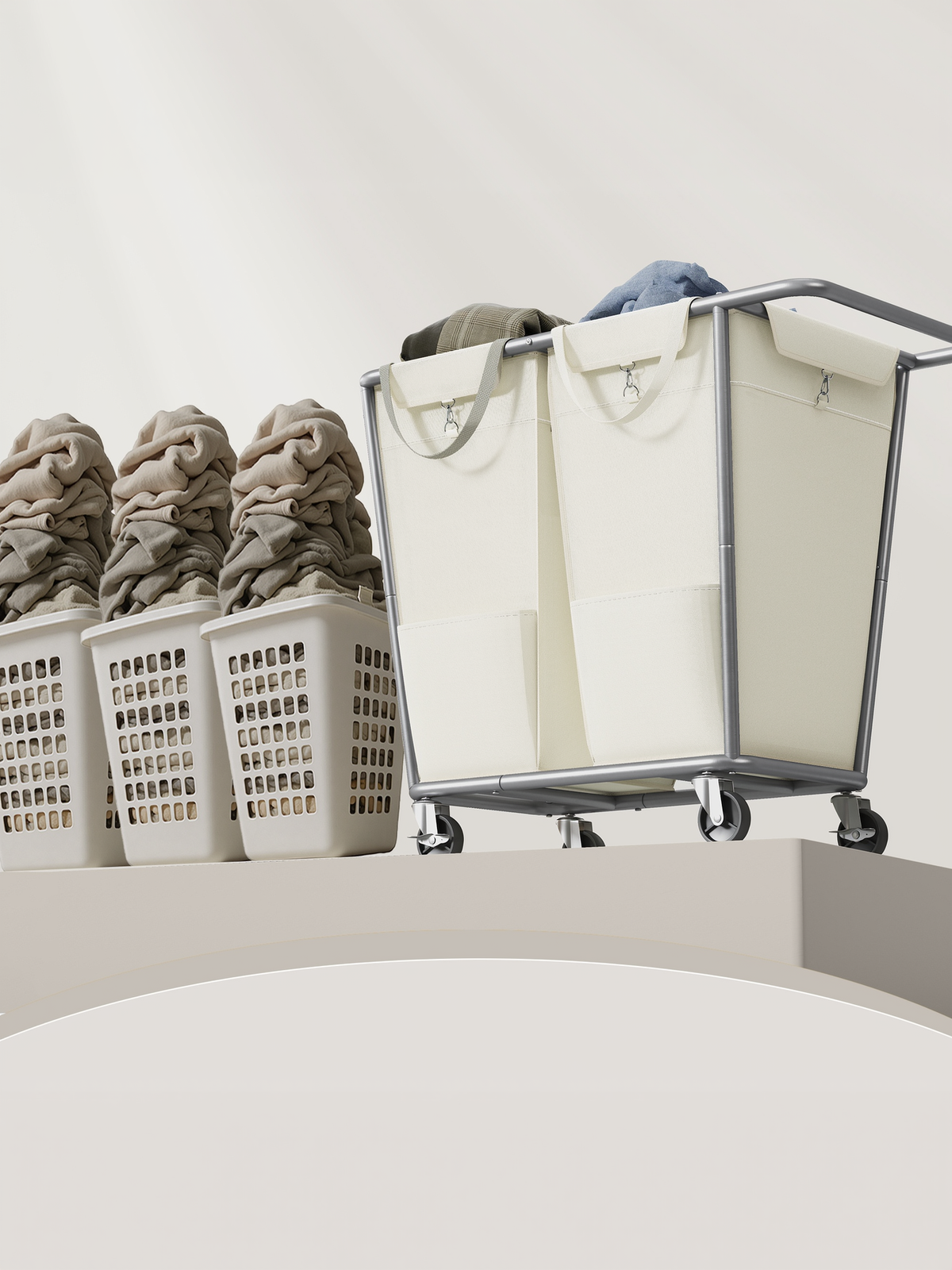 50.2 Gallon Rolling Laundry Basket with Wheels, 2-Section Laundry Sorter with Removable Bags and Heavy-Duty Frame, Cream White