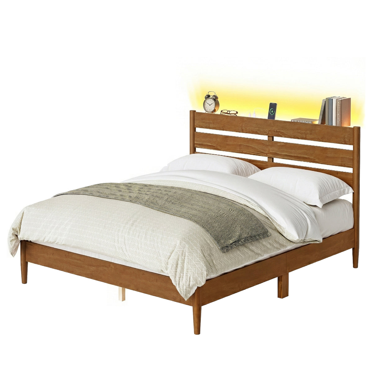Full Size Platform Bed Frame with Headboard, Built-In Adjustable LED Lights, 4-Port Charging Station & Storage Shelf, Caramel Brown
