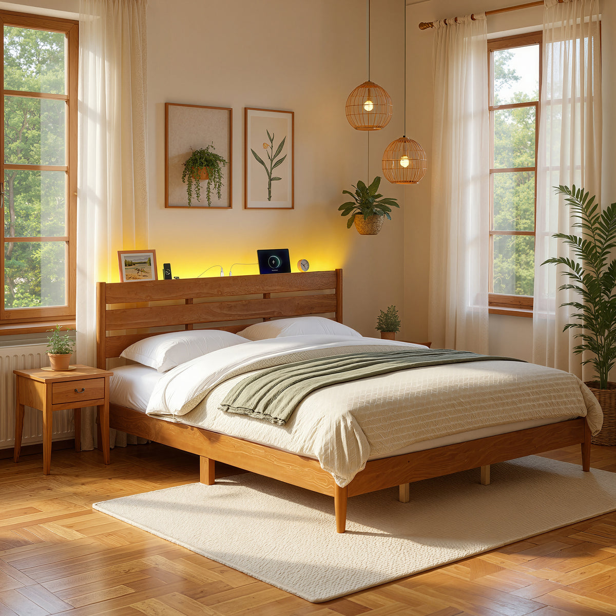 King Size Mid-Century Modern Bed Frame with Headboard, Built-In LED Lighting, 4-Port Charging Station & Storage Shelf, Caramel Brown