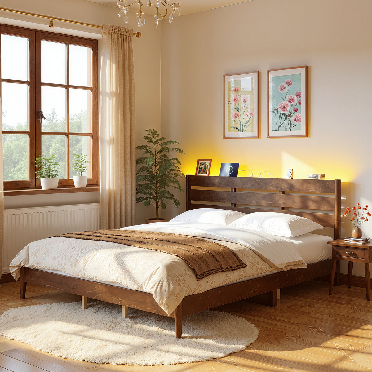 King Size Mid-Century Modern Bed Frame with Headboard, Built-In LED Lighting, 4-Port Charging Station & Storage Shelf, Coffee Brown