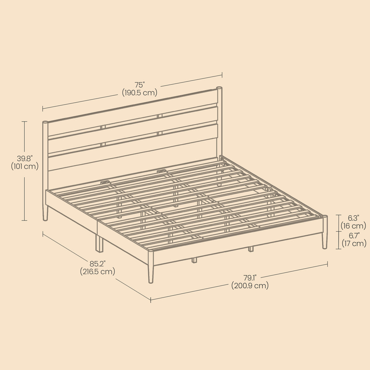 King Size Mid-Century Modern Bed Frame with Headboard, Built-In LED Lighting, 4-Port Charging Station & Storage Shelf, Coffee Brown