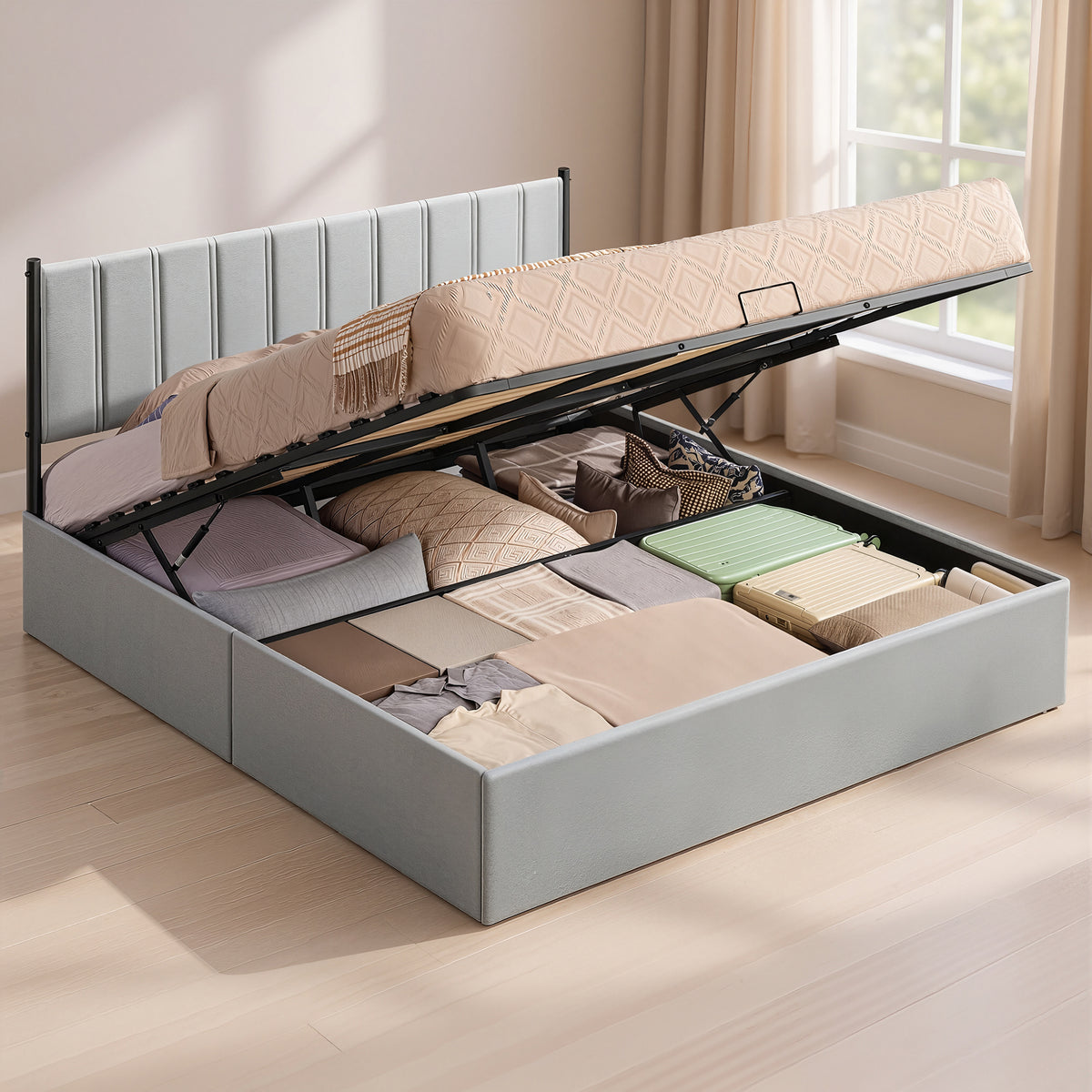 King Size Lift-Up Storage Bed Frame with Hydraulic Platform, Upholstered Headboard, 1100 lb Capacity, Modern Platform Bed, Dove Gray