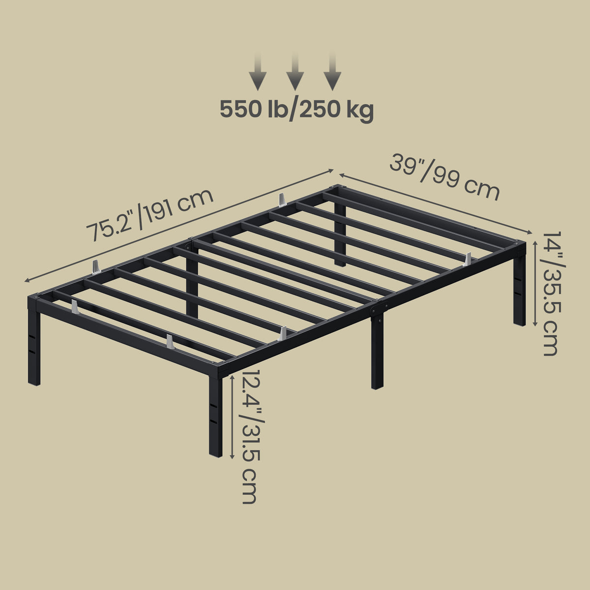 Heavy Duty Twin Bed Frame, 14" Tall Platform Bed, 550 lb Capacity, No Box Spring Needed, Under-Bed Storage, Easy Assembly, Mattress Retainers, Matte Black