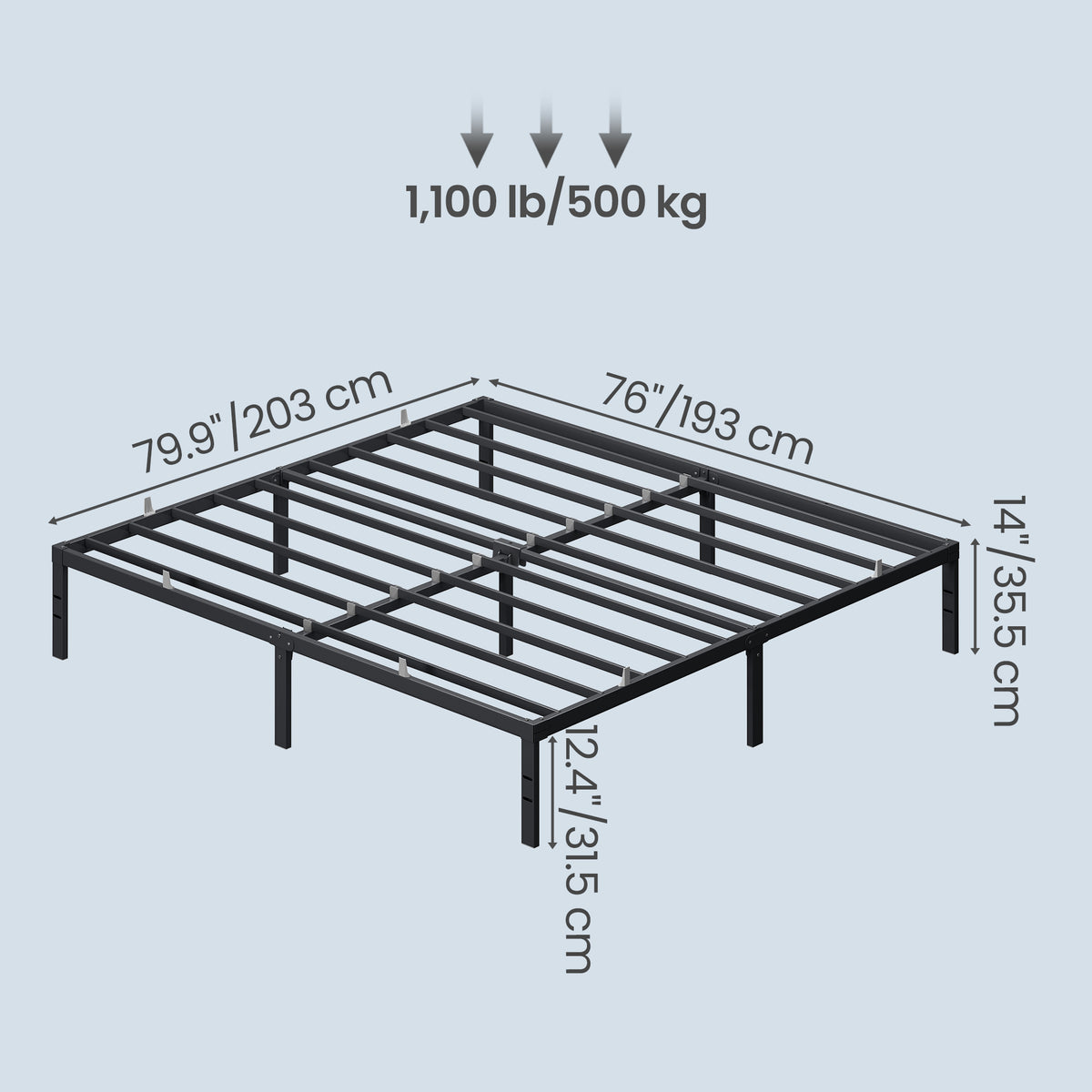 Heavy Duty King Bed Frame, 14" Tall Platform Bed, 1100 lb Capacity, No Box Spring Needed, Under-Bed Storage, Easy Assembly, Mattress Retainers, Matte Black