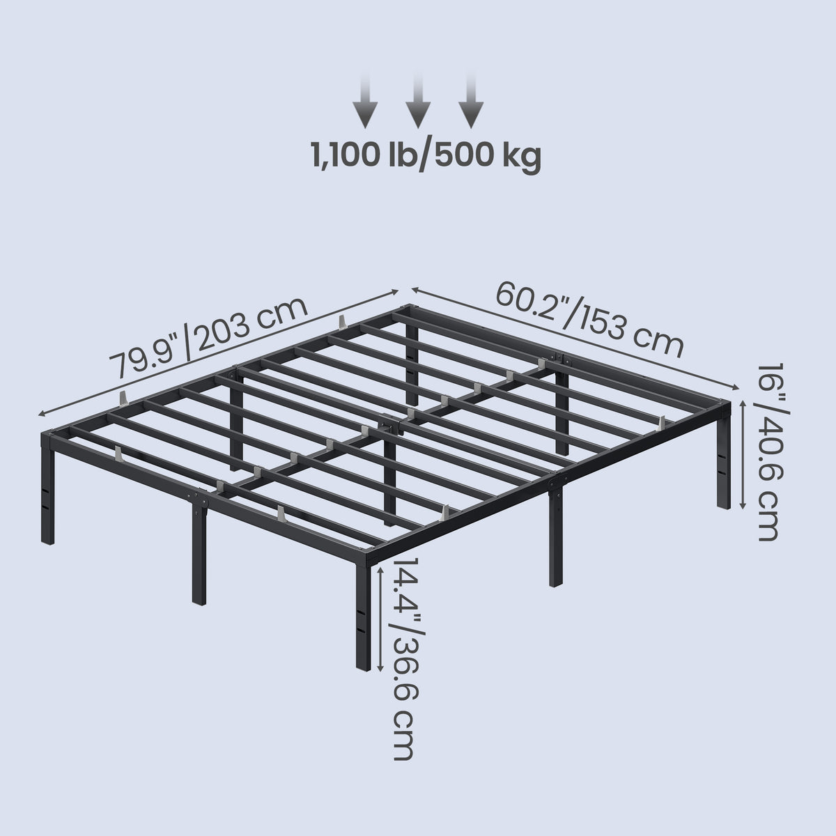 Heavy Duty Queen Bed Frame, 16" Tall Platform Bed, 1100 lb Capacity, No Box Spring Needed, Under-Bed Storage, Easy Assembly, Mattress Retainers, Matte Black