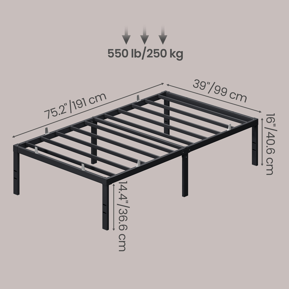 Heavy Duty Twin Bed Frame, 16" Tall Platform Bed, 550 lb Capacity, No Box Spring Needed, Under-Bed Storage, Easy Assembly, Mattress Retainers, Matte Black