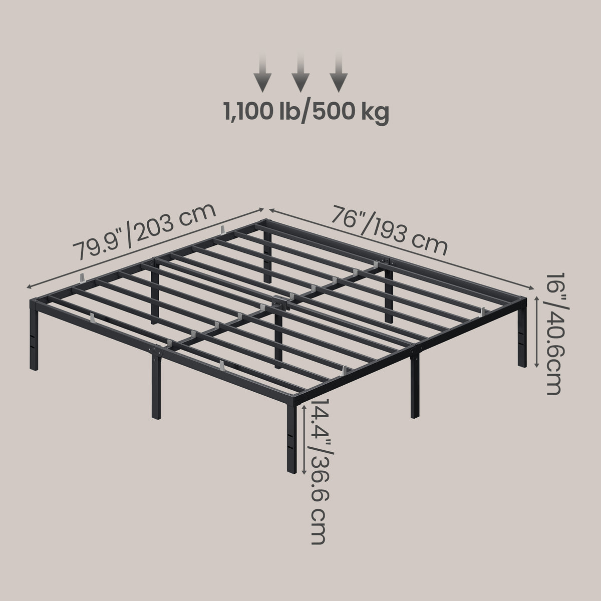 Heavy Duty King Bed Frame, 16" Tall Platform Bed, 1100 lb Capacity, No Box Spring Needed, Under-Bed Storage, Easy Assembly, Mattress Retainers, Matte Black
