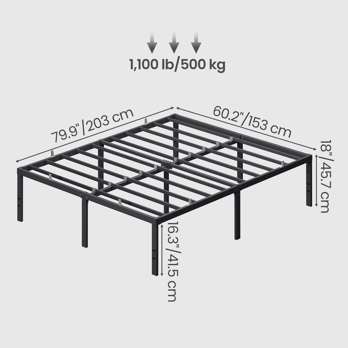 Heavy Duty Queen Bed Frame, 18" Tall Platform Bed, 1100 lb Capacity, No Box Spring Needed, Under-Bed Storage, Easy Assembly, Mattress Retainers, Matte Black