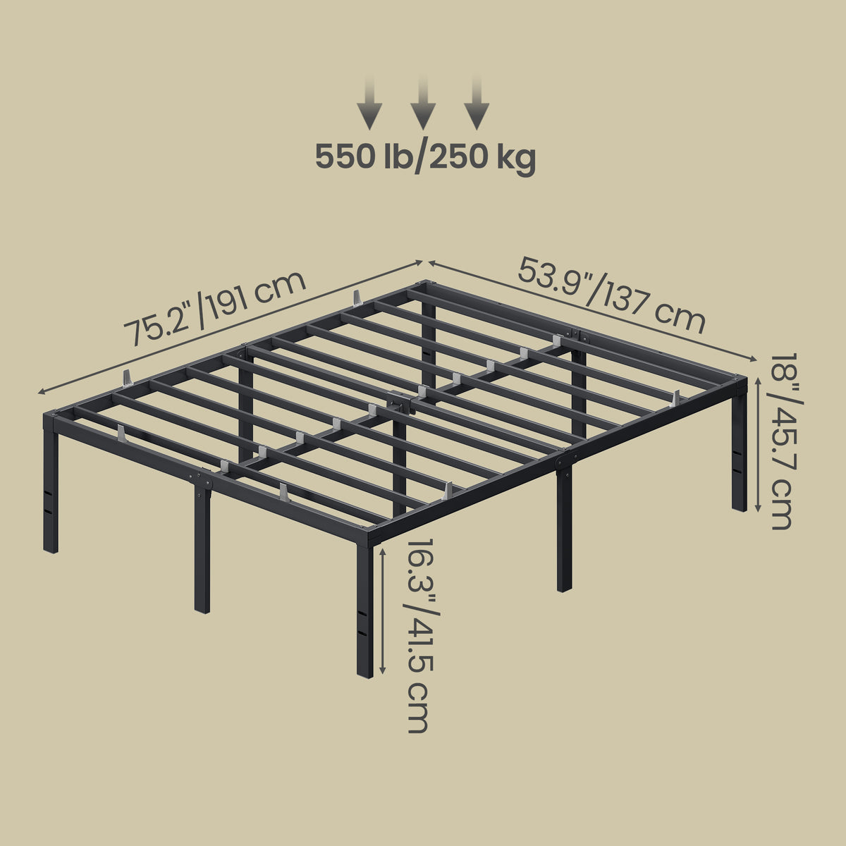 Heavy Duty Full Bed Frame, 18" Tall Platform Bed, 1100 lb Capacity, No Box Spring Needed, Under-Bed Storage, Easy Assembly, Mattress Retainers, Matte Black
