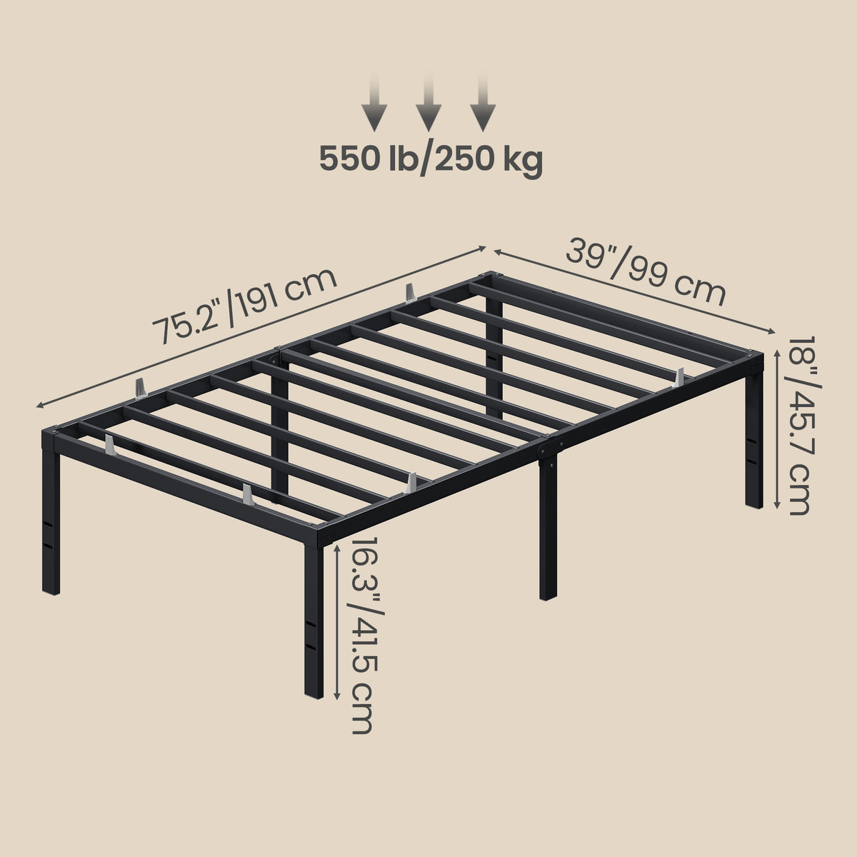 Heavy Duty Twin Bed Frame, 18" Tall Platform Bed, 550 lb Capacity, No Box Spring Needed, Under-Bed Storage, Easy Assembly, Mattress Retainers, Matte Black