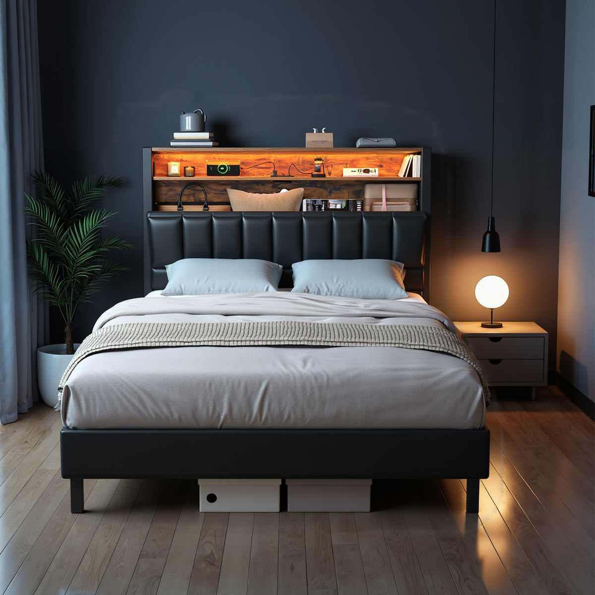LED Full Bed Frame with Storage Headboard, Built-In Charging Station, Adjustable Color LED Lights, Full Size, No Box Spring, Ink Black and Rustic Brown
