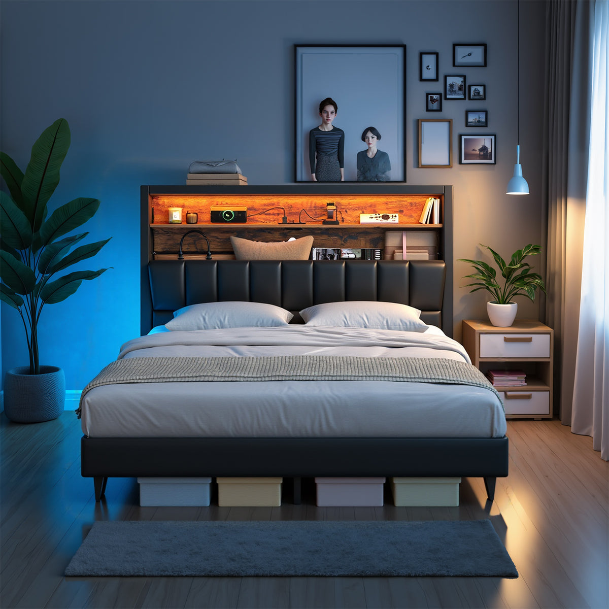 LED Full Bed Frame with Storage Headboard, Built-In Charging Station, Adjustable Color LED Lights, Full Size, No Box Spring, Ink Black and Rustic Brown