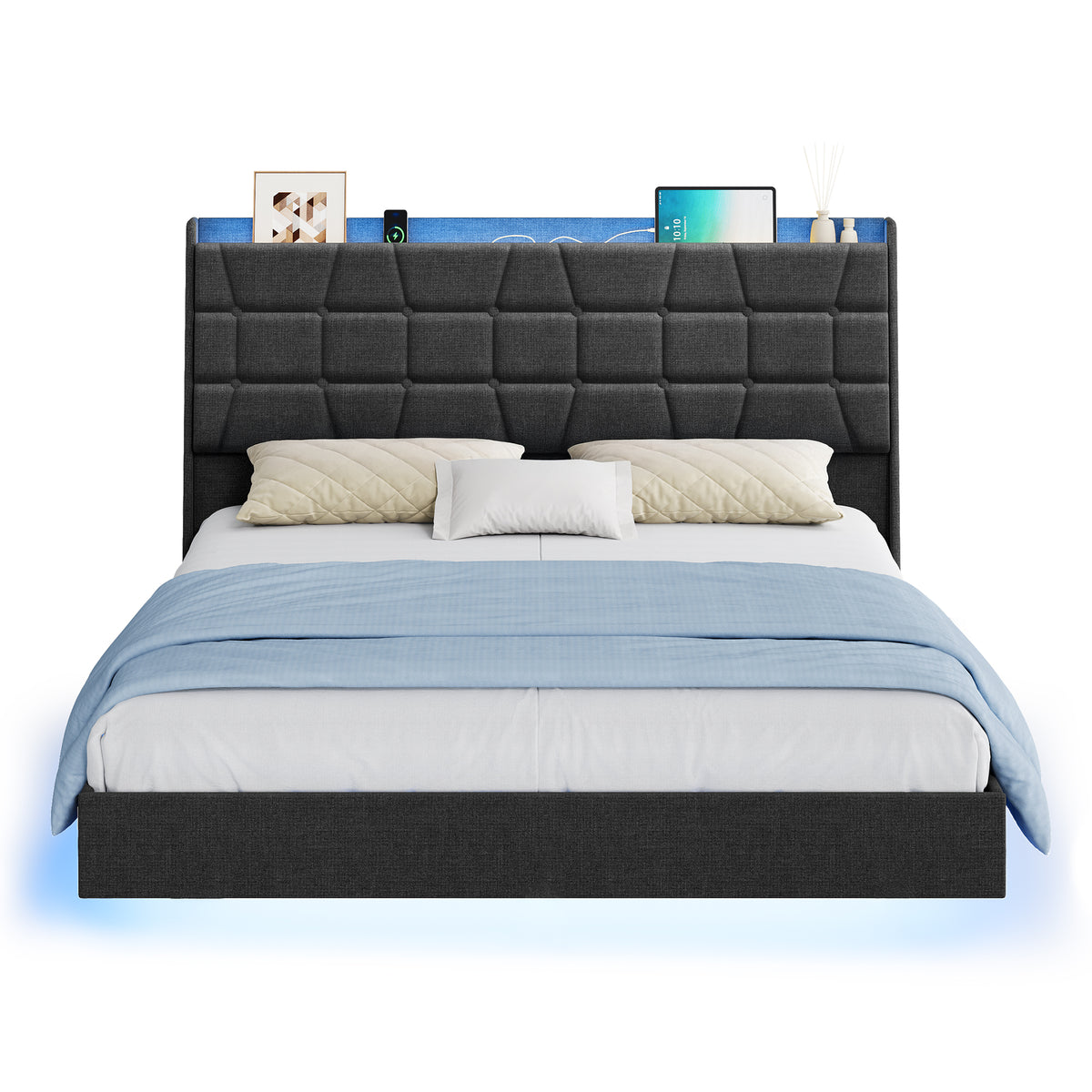 Full Size Floating Platform Bed Frame with LED Lights & Charging Station, Upholstered Bed with Tufted Storage Headboard, No Box Spring Needed, Dark Gray