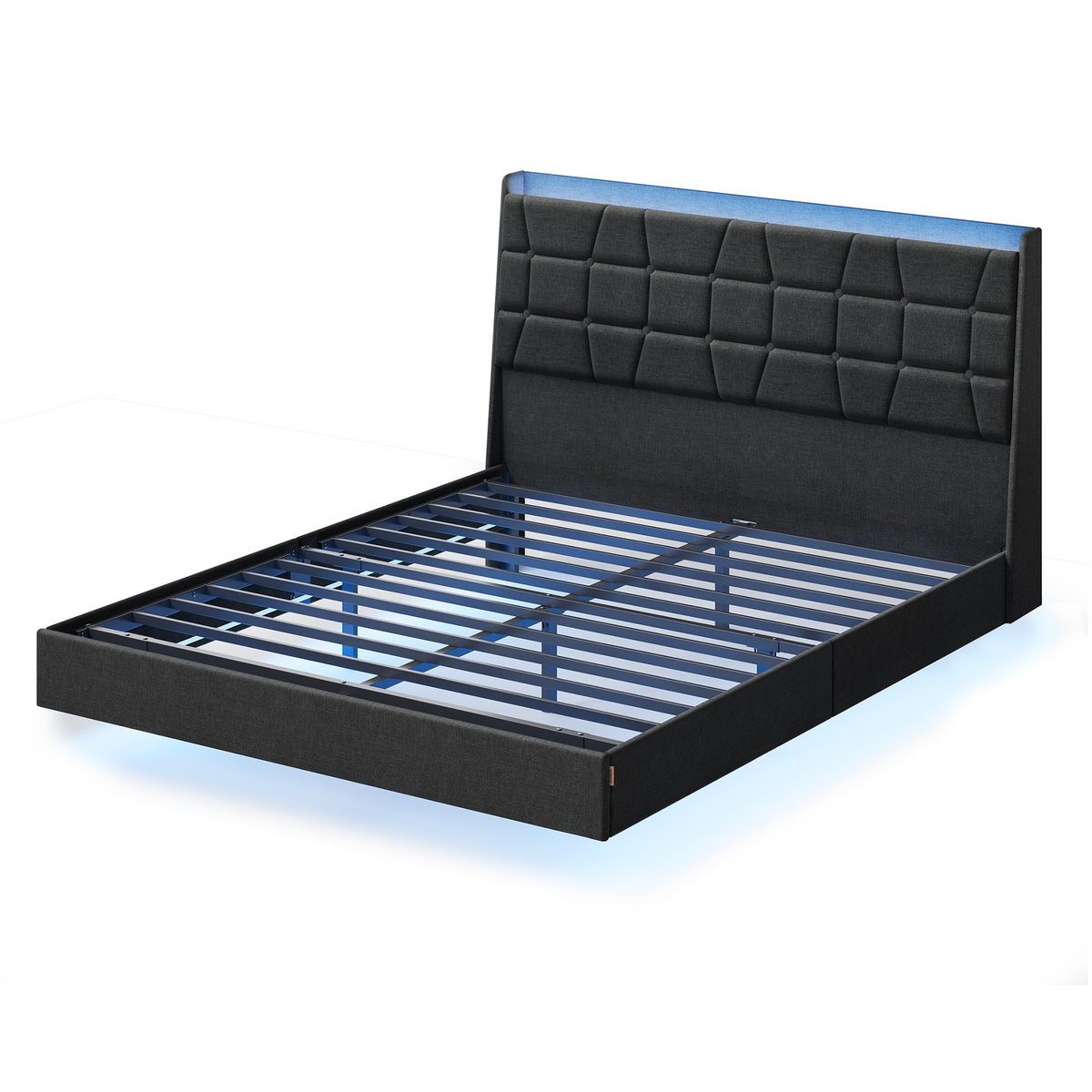 Full Size Floating Platform Bed Frame with LED Lights & Charging Station, Upholstered Bed with Tufted Storage Headboard, No Box Spring Needed, Dark Gray