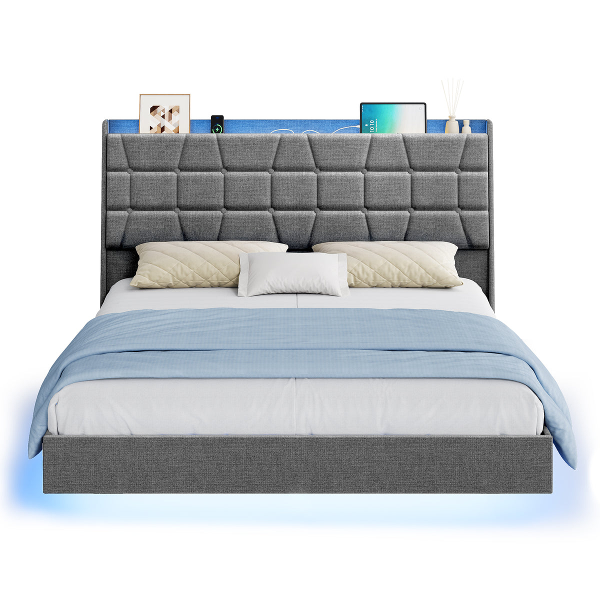 Full Size Floating Platform Bed Frame with LED Lights & Charging Station, Tall Tufted Storage Headboard, 1000 lb Capacity, Light Gray