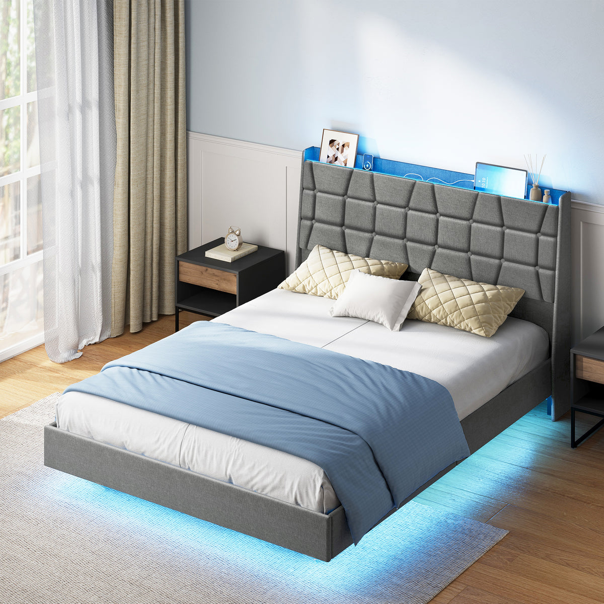 Full Size Floating Platform Bed Frame with LED Lights & Charging Station, Tall Tufted Storage Headboard, 1000 lb Capacity, Light Gray