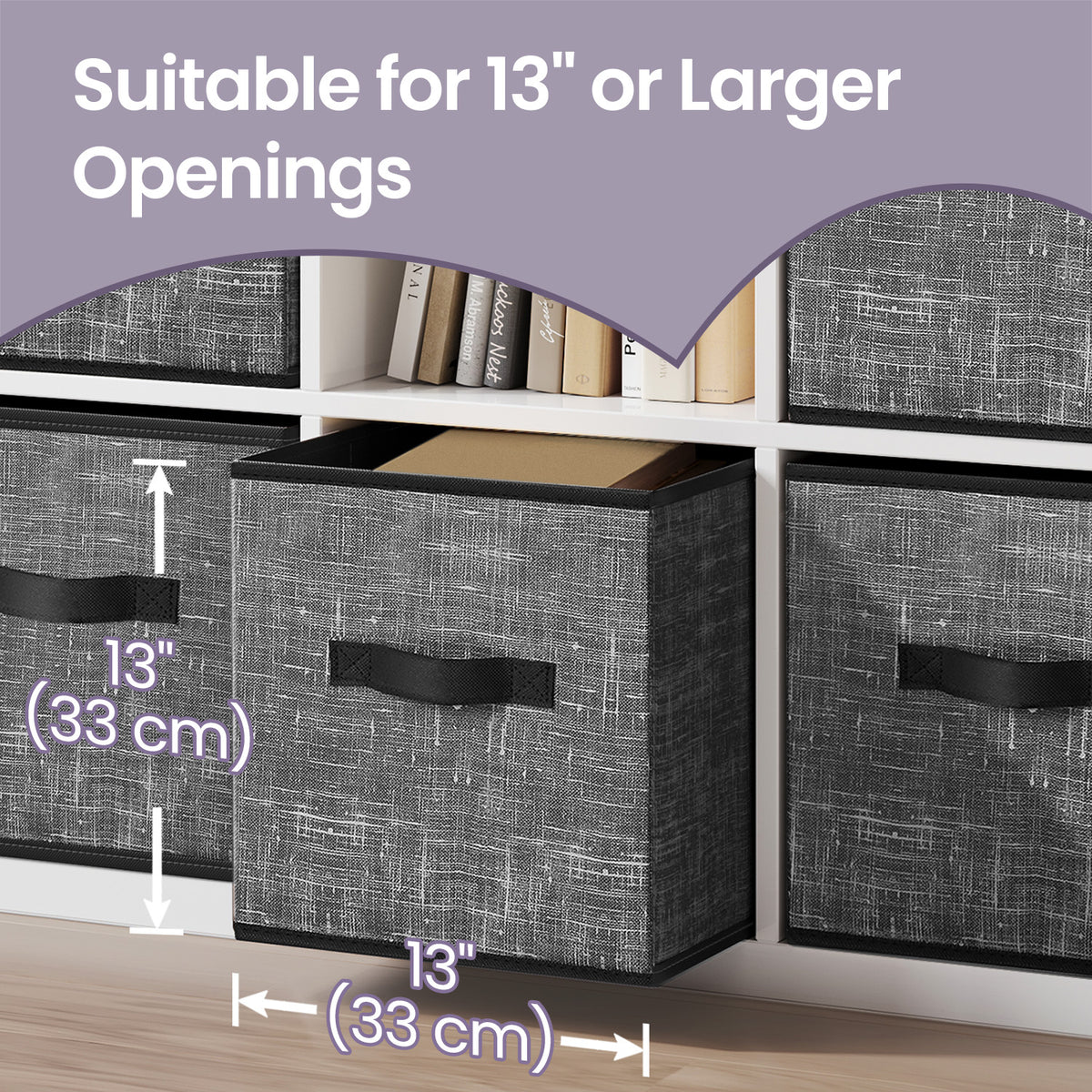 Storage Cube Organizer - 6-Pack Foldable Fabric Bins with Handles, 13" Shelving System for Clothes, Toys, IKEA Compatible, Classic Black